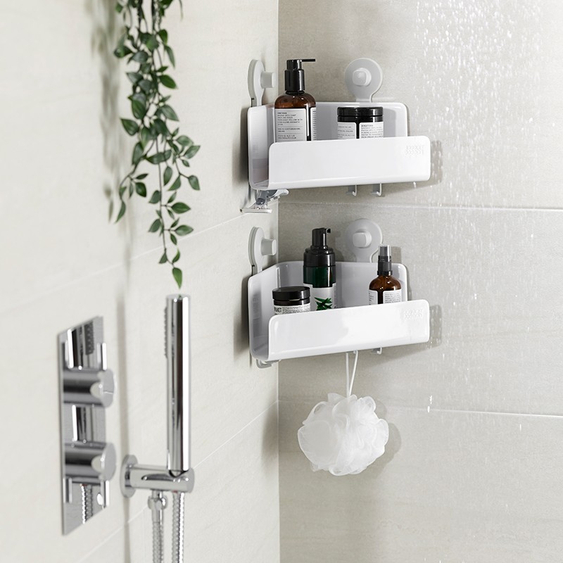 Set 2 Corner Shower Shelfs with Adjustable Mirror Easystore White...